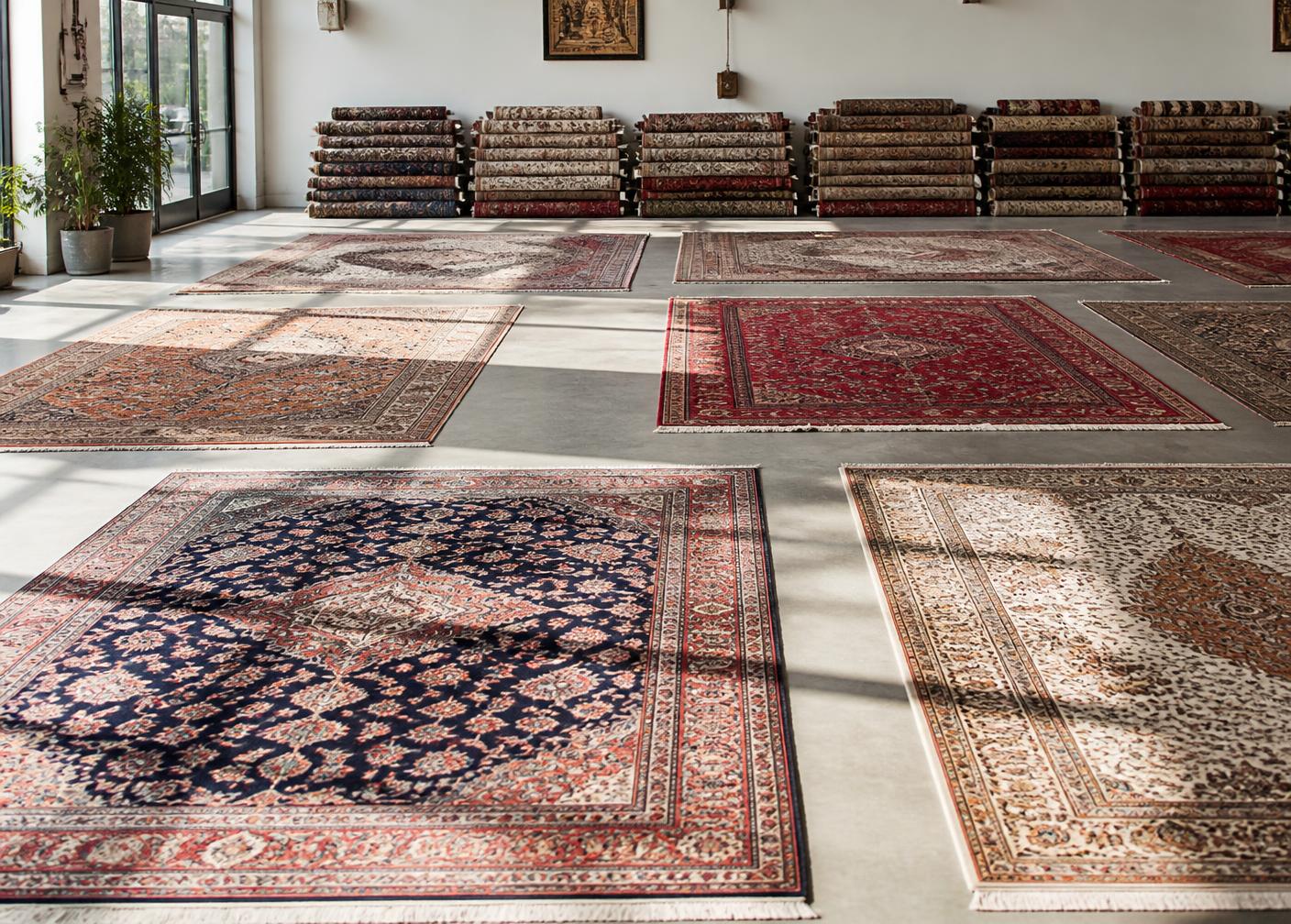 Clean oriental rugs laid out flat to dry in a bright workshop with rolled rugs stacked along the wall