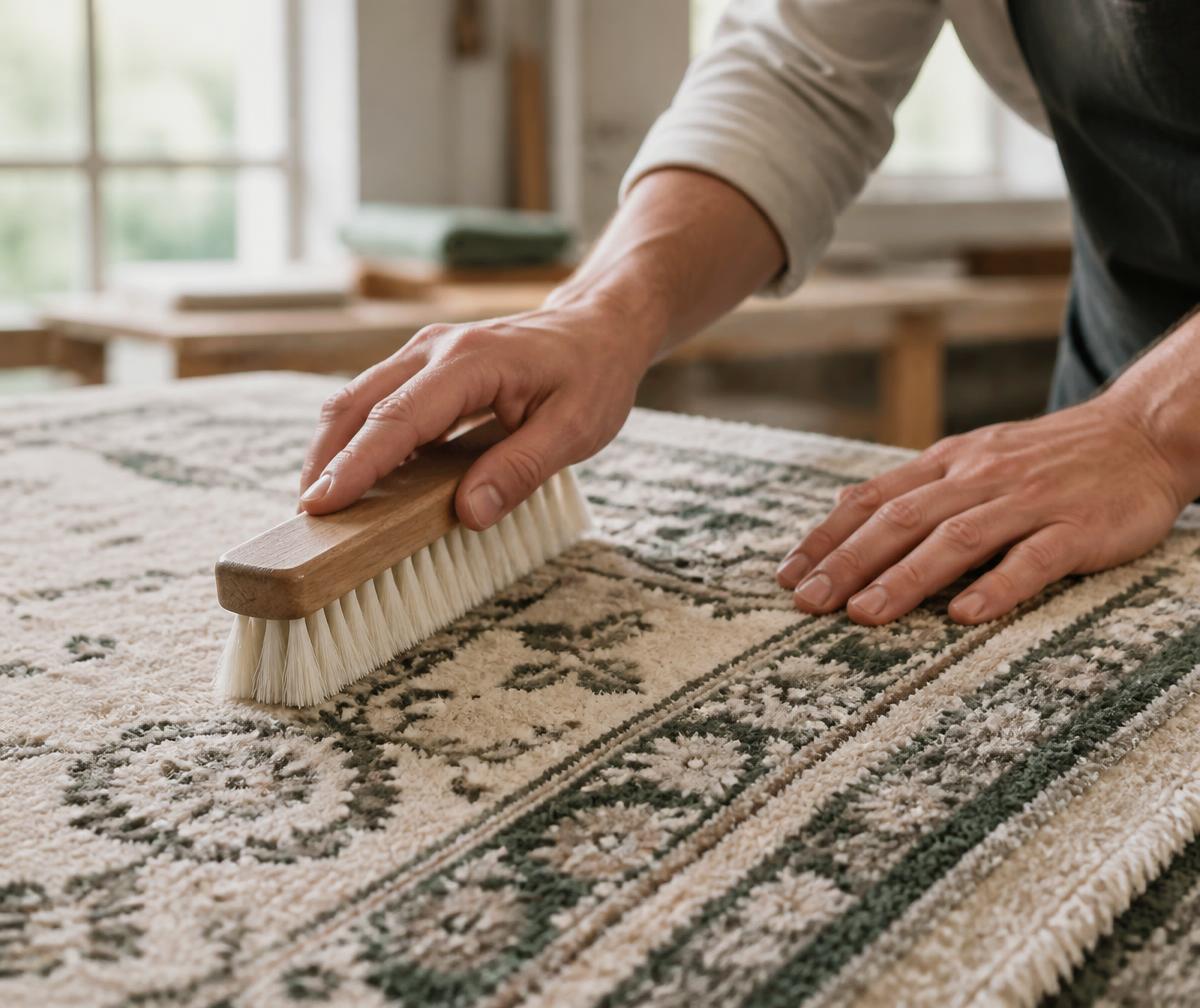Hands grooming the pile of a freshly washed wool rug with a soft brush